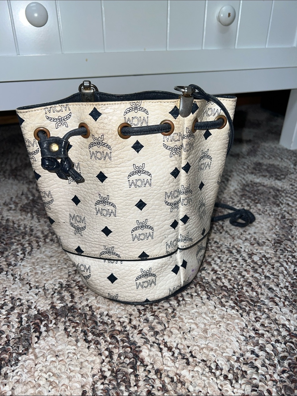 MCM Cream and Visetos Mini Bucket Bag